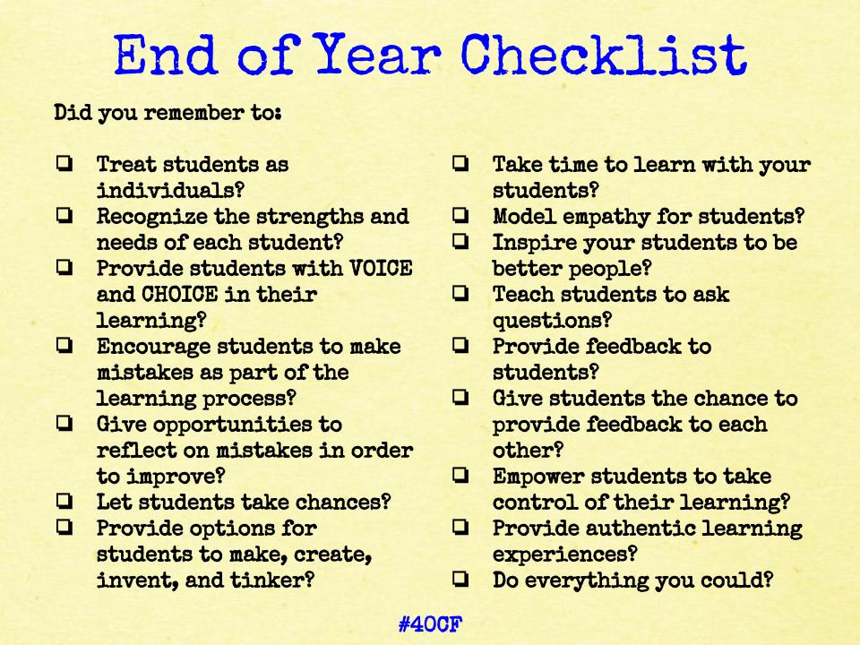 End of Year Checklist 4 O'Clock Faculty